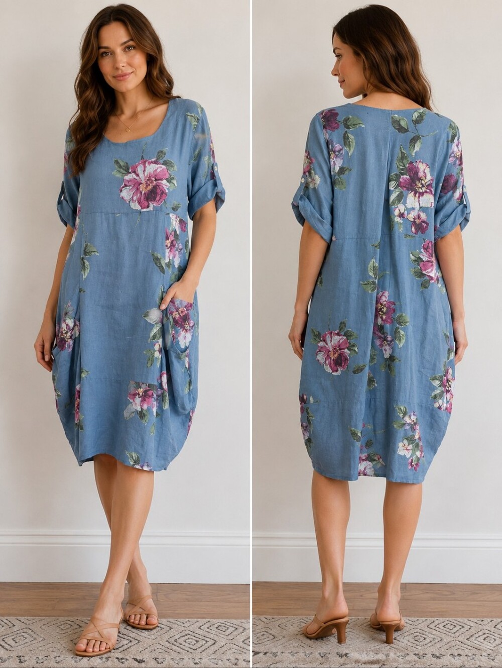 Vasna Dress Linen Lagenlook Blue Pink Floral Pockets Scoop Neck Italy Size S